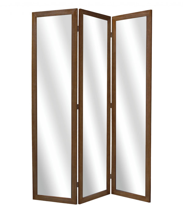 1 x 50 x 69 Brown Glass & Wood Mirror  Screen