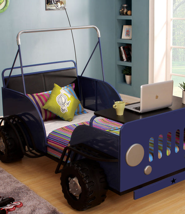 Twin Bed , Blue & Black Car - Metal Tube, MDF, PU, Fire Blue & Black Car