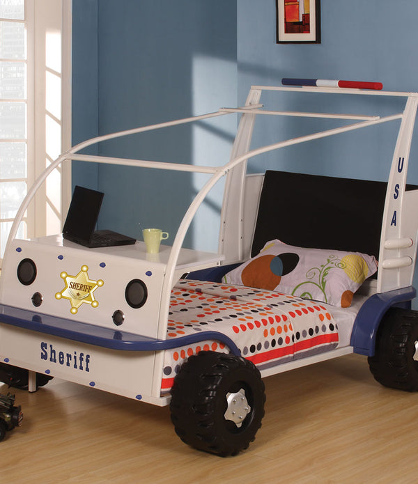 Twin Bed , White & Blue Sheriff Car - Metal, MDF, PU, FP Foam White & Blue Sheriff Car