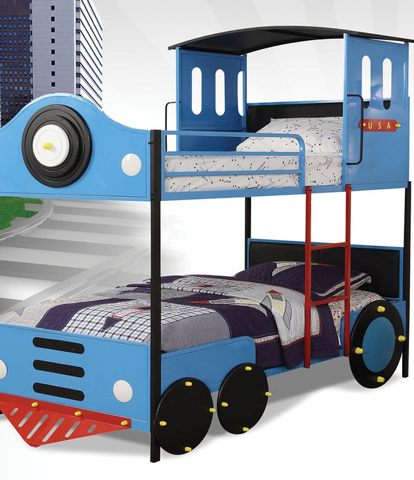 Twin/Twin Bunk Bed, Blue & Black Train - Metal Tube (Steel), MDF,  Blue & Black Train