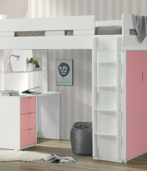 White and Pink Twin Loft Bed and Desk