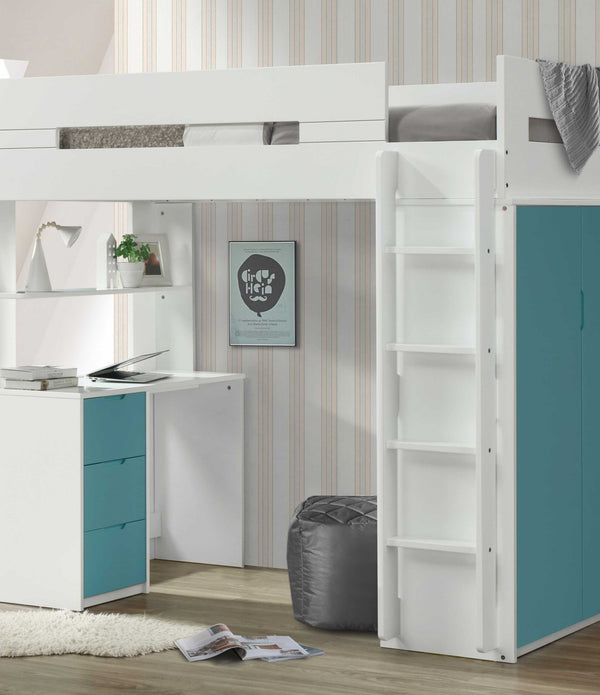 White and Teal Twin Loft Bed and Desk