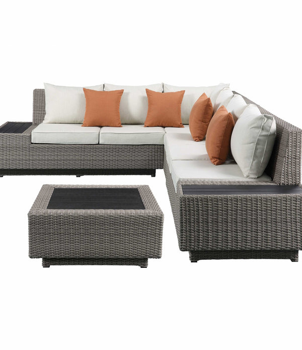 126' X 100' X 30' Beige Fabric And Gray Wicker Patio Sectional And Cocktail Table