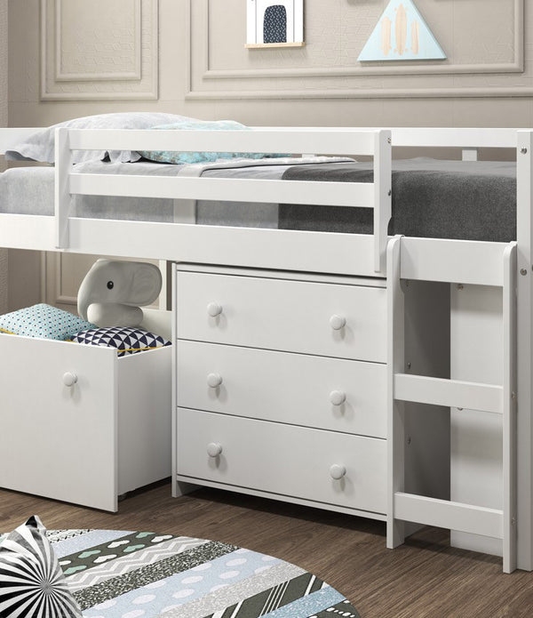 White Mini Loft Bed with Dresser and Toy Box
