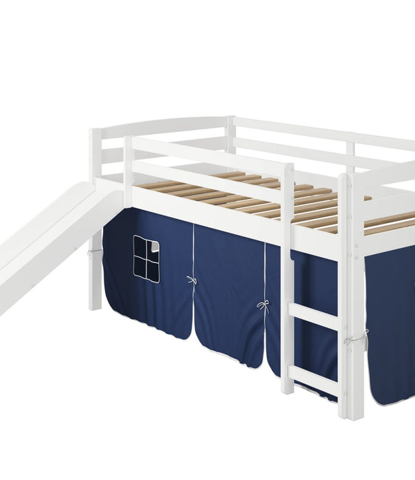 White Wooden Blue Tent Low Loft Bed with Slide