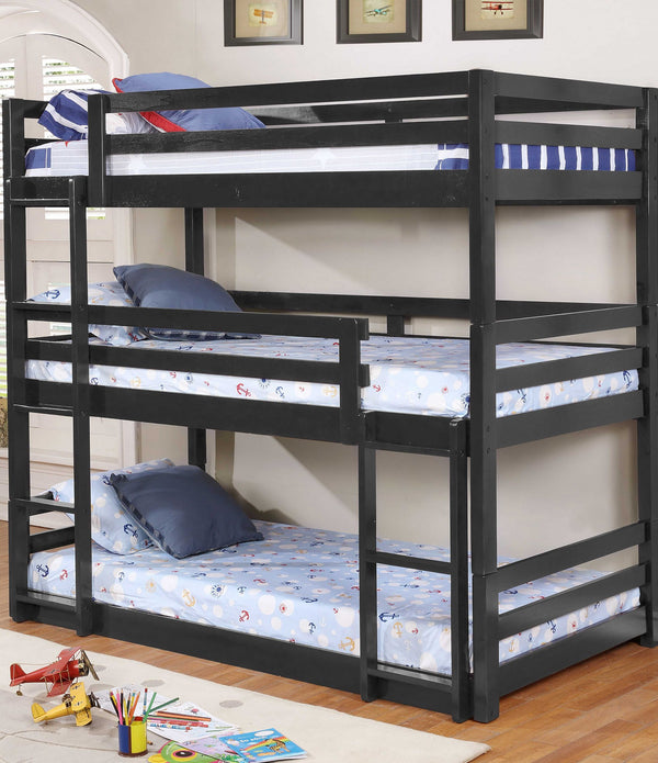 Space Saving Black Finish Solid Wood Twin Triple Bunk Bed