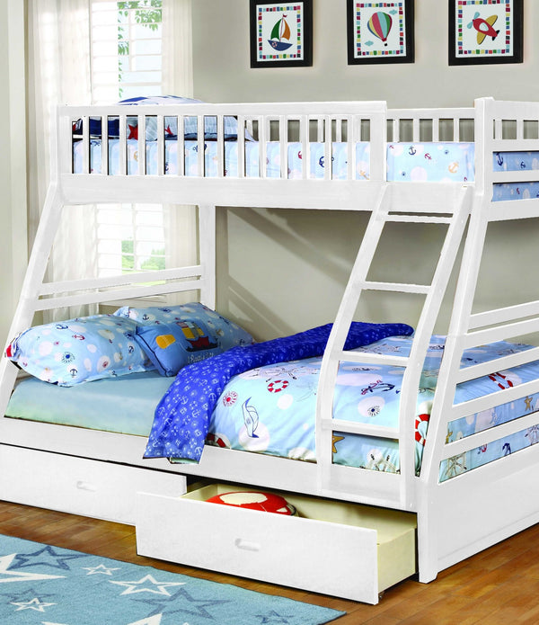 White Finish Twin over Full Bunk Bed with Storage