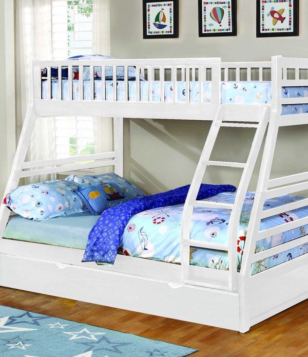 White Finish Twin over Full Bunk Bed with Trundle