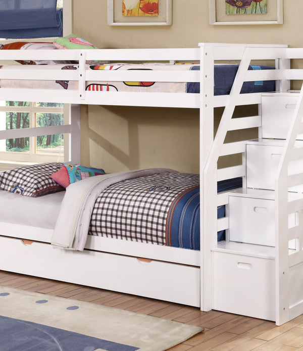 White Finish Twin over Twin Staircase Bunk Bed with Trundle and Storage