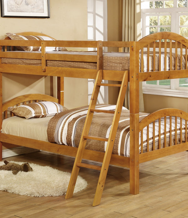 Traditional Oak Finish Twin over Twin Arched Wood Bunk Bed