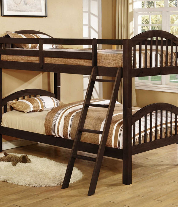 Traditional Dark Brown Finish Twin over Twin Arched Wood Bunk Bed
