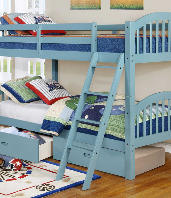 Traditional Blue Finish Twin over Twin  Arched Wood Bunk Bed with 2 Drawers