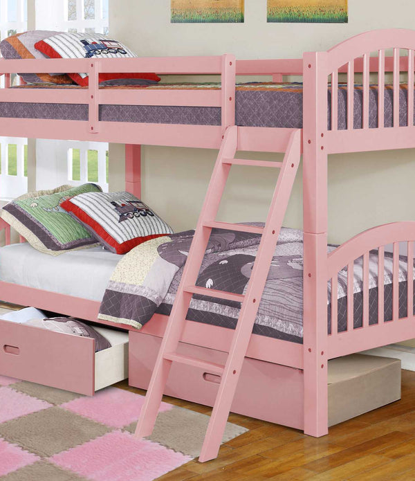 Traditional Pink Finish Twin over Twin  Arched Wood Bunk Bed with 2 Drawers
