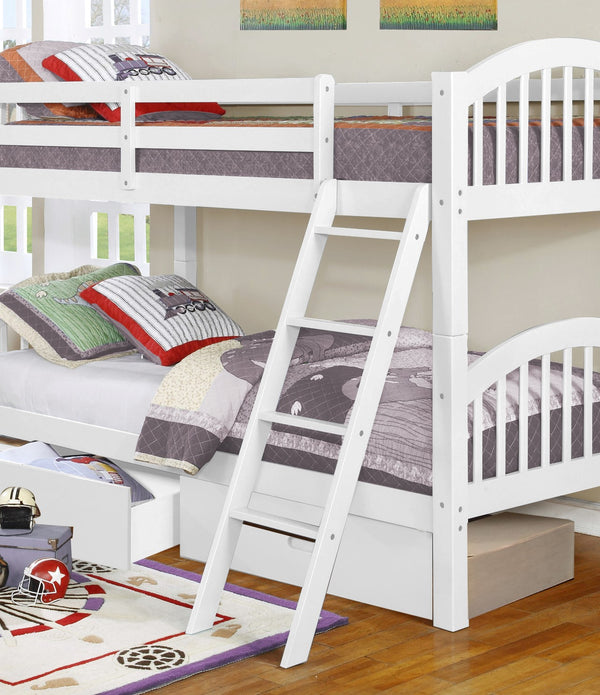 Traditional White Finish Twin over Twin  Arched Wood Bunk Bed with 2 Drawers