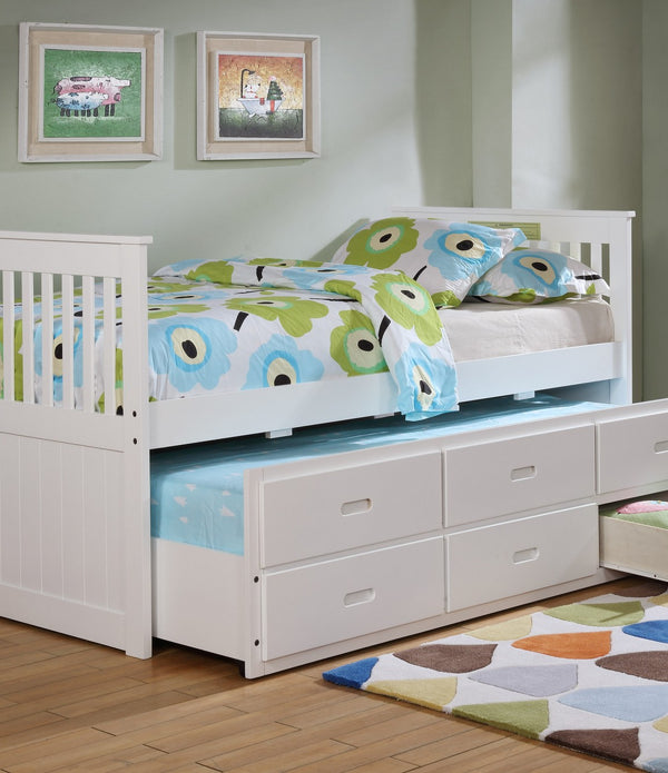 White Finish Twin Captain Bed with Trundle and Storage