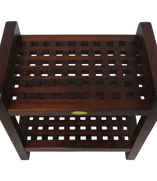 Teak Lattice Pattern Shower Stool with Shelf and Handles in Brown Finish