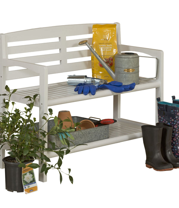 White Finish Solid Wood Slat Bench with High Back and Shelf