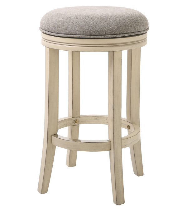 Bar Height Round Swivel Solid Wood Stool in Distressed Ivory Finished with Quartz Fabric
