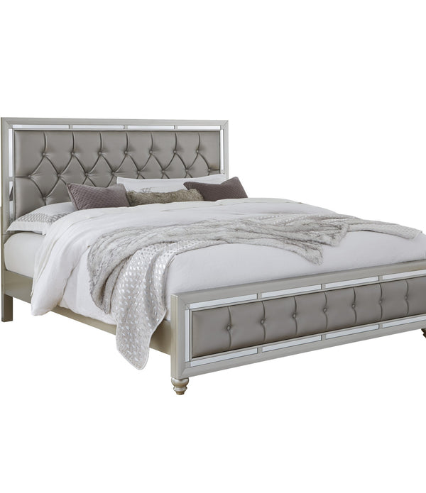Silver Champagne Tone Queen Bed  Padded Headboard  Padded Footboard  Mirror Trim Accents
