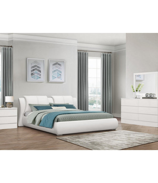 White Faux Leather Queen Bed in Curved Padded Headboard