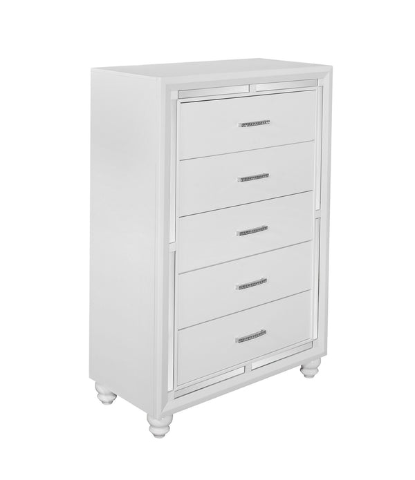 White Chest with Mirror Trim Accent  5 Drawers