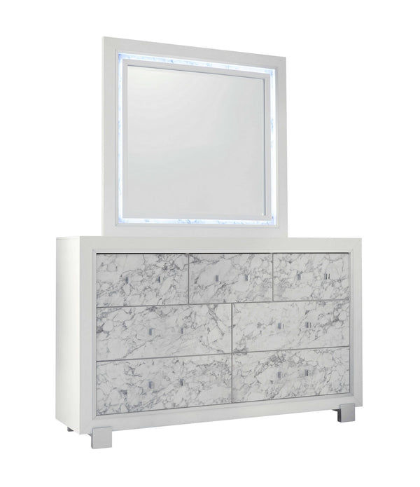 Modern White Mirror with Faux Marble Border Detail LED Lightning