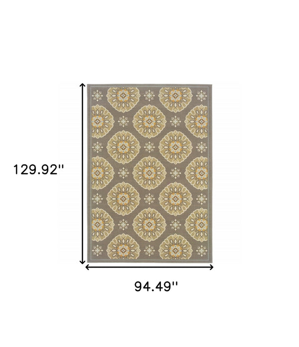 7' x 10' Grey Gold Floral Medallion Discs Indoor Outdoor Area Rug
