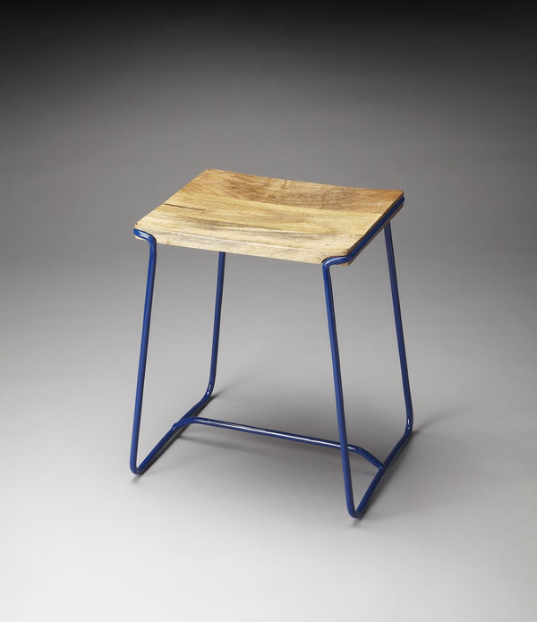 Sleek Wood and Blue Metal Counter Stool