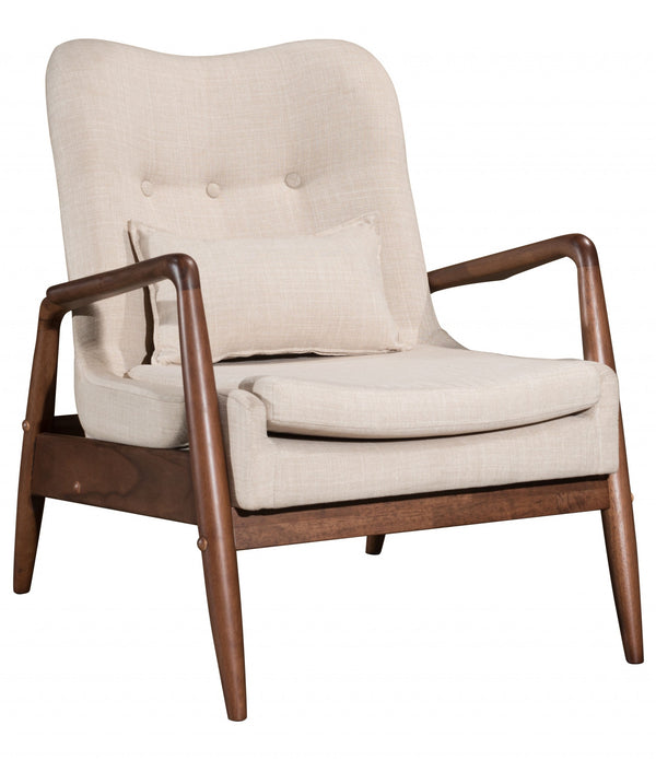 Walnut and Beige Linen Look Modern Retro Chair and Ottoman Set
