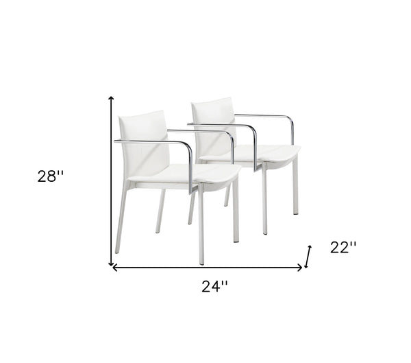 Set of Two Chrome White Faux Leather Armchairs