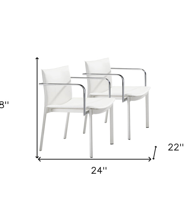 Set of Two Chrome White Faux Leather Armchairs