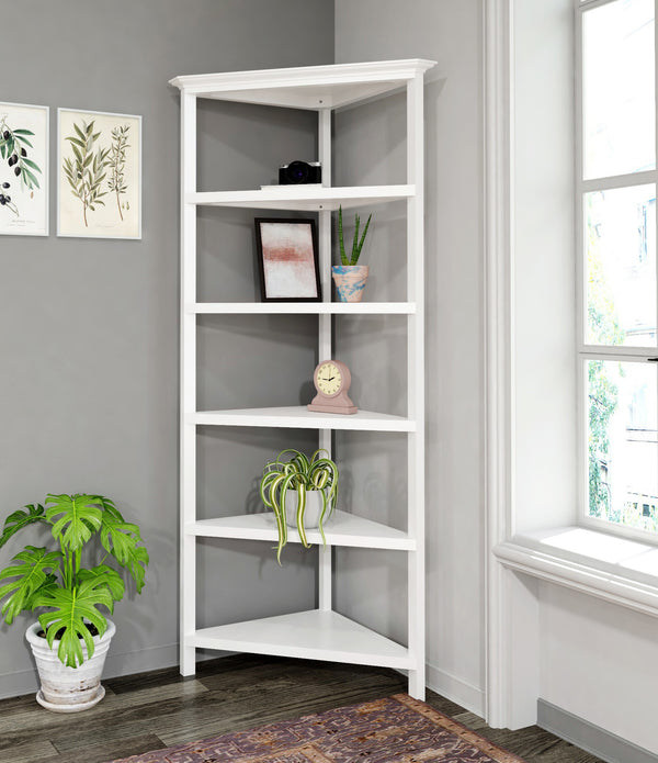 White Five Tier Solid Wood Corner Bookcase