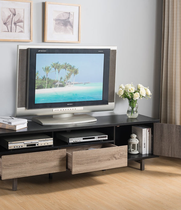 Stylish Black TV Console Cabinet with Dark Taupe and Distressed Grey Accents