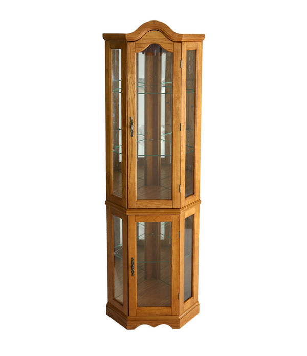 Golden Oak Scallop Top Lighted Corner Curio Cabinet