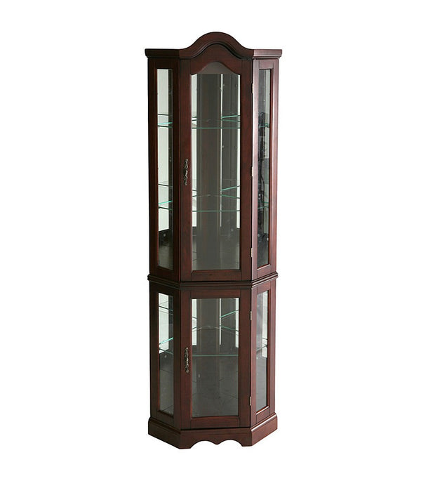 Mahogany Scallop Top Lighted Corner Curio Cabinet