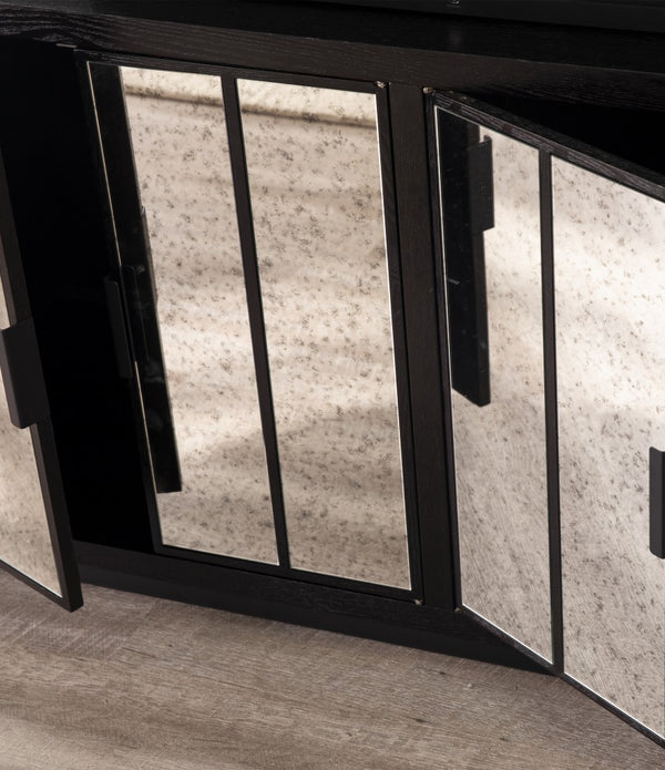 Dramatic Glam Black and Mirror Four Door Storage Cabinet