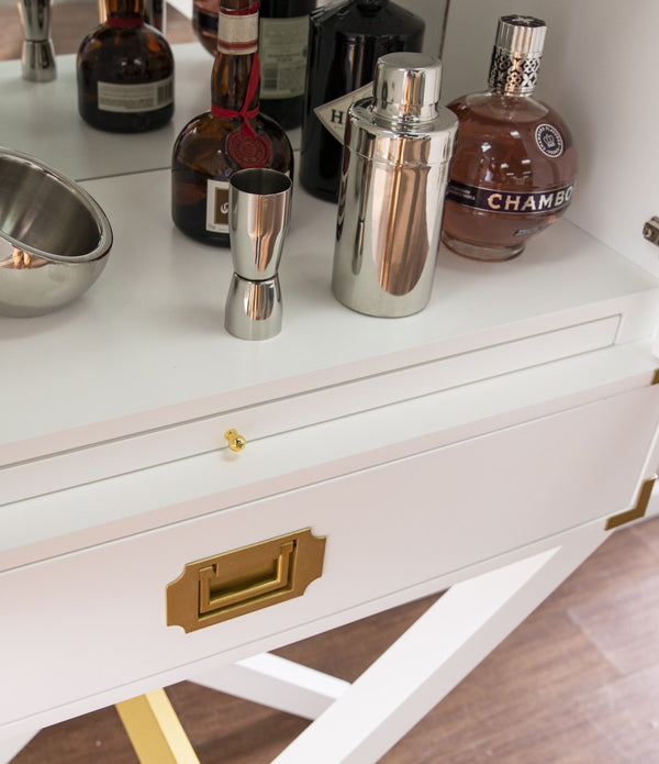 Campaign White and Gold Tall Bar Cabinet