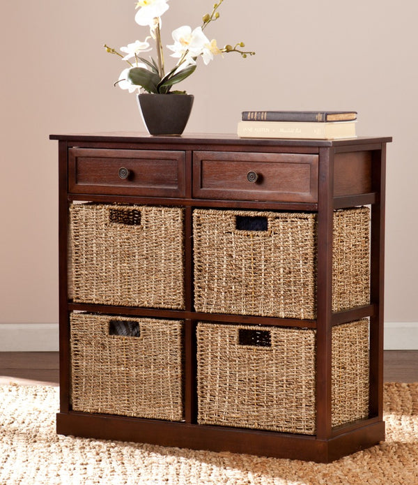 Mahogany and Seagrass Basket Storage Shelving Unit