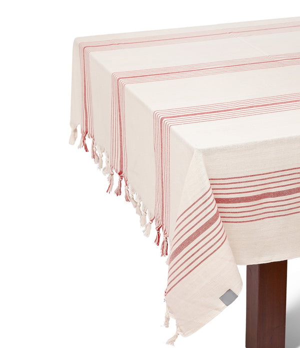 Boho Red and Cream Striped Tablecloth Set