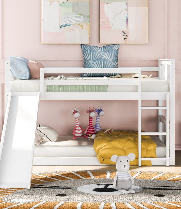 White Classic Twin Over Twin Bunk Bed with Ladder and Slide