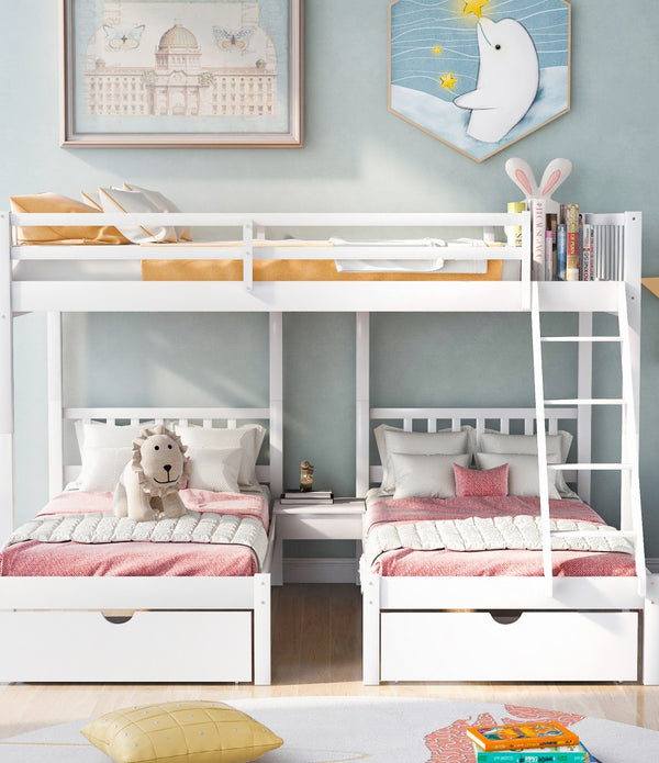 White Full Over Double Twin Triple Bunk Beds with Drawers