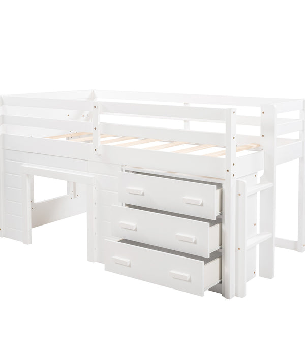 White Twin Size Loft Bed with Playhouse and Drawers