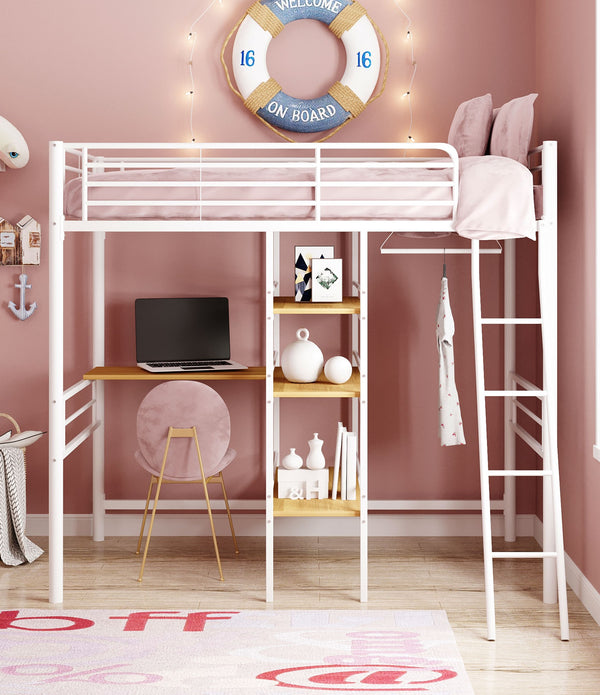 White Twin Size Metal Loft Bed with Built in Wooden Shelves and Desk