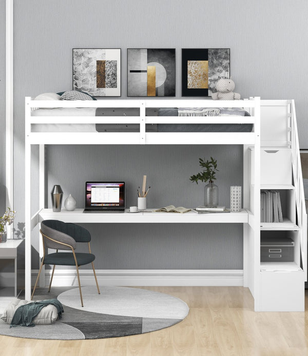 White Twin Size Loft Bed with Built In Desk and Stairway