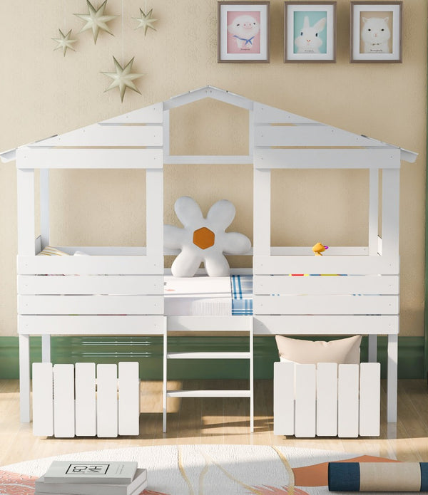 White Twin Size Loft Bed with Play House Roof and Two Drawers