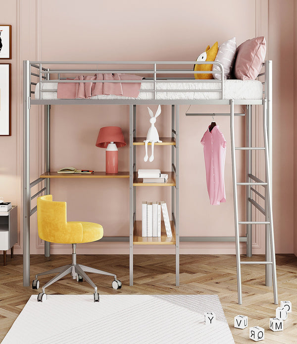 Silver Twin Size Metal Loft Bed with Built in Wooden Shelves and Desk