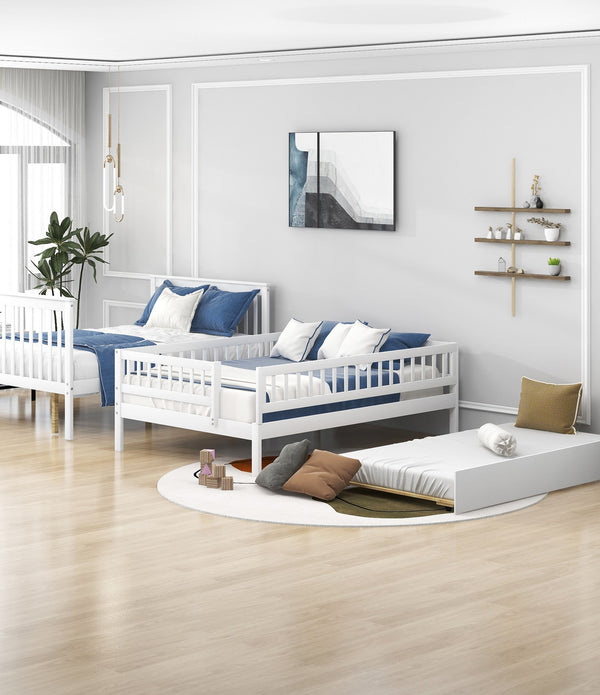 White Full Over Full Farmhouse Style Bunk Bed with Trundle and Staircase