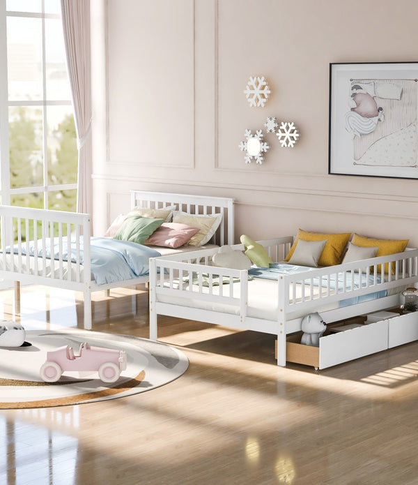 White Full Over Full Farmhouse Style Bunk Bed with Storage Staircase
