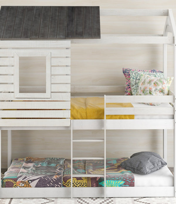 Antique White Twin Over Twin Bunk Bed with Roof