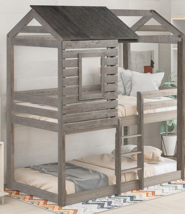 Antique Gray Twin Over Twin Bunk Bed with Roof